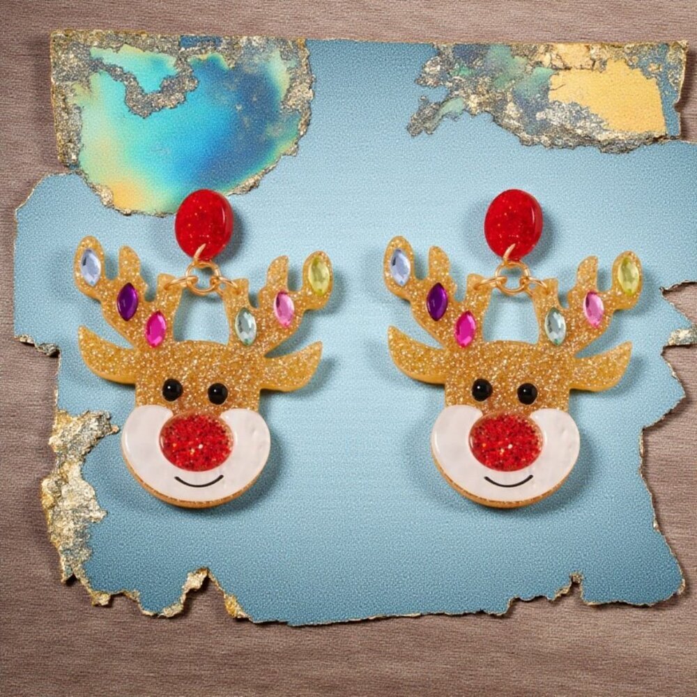 Christmas Holiday Reindeer Head Novelty Earrings Glittery Rhinestone Dangle